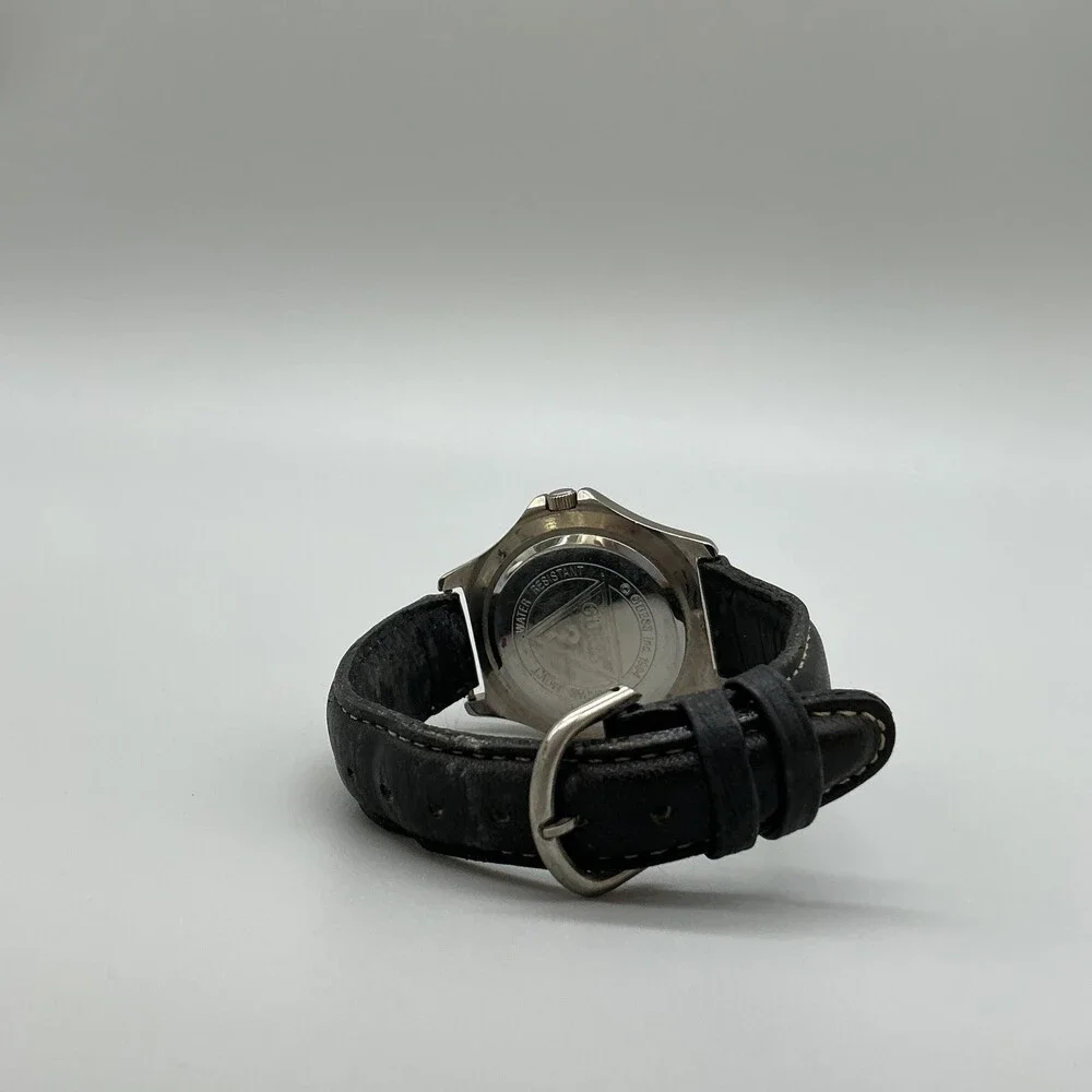 Vintage Guess Mens Watch 38mm Black Dial Silver Tone Leather Band New Battery